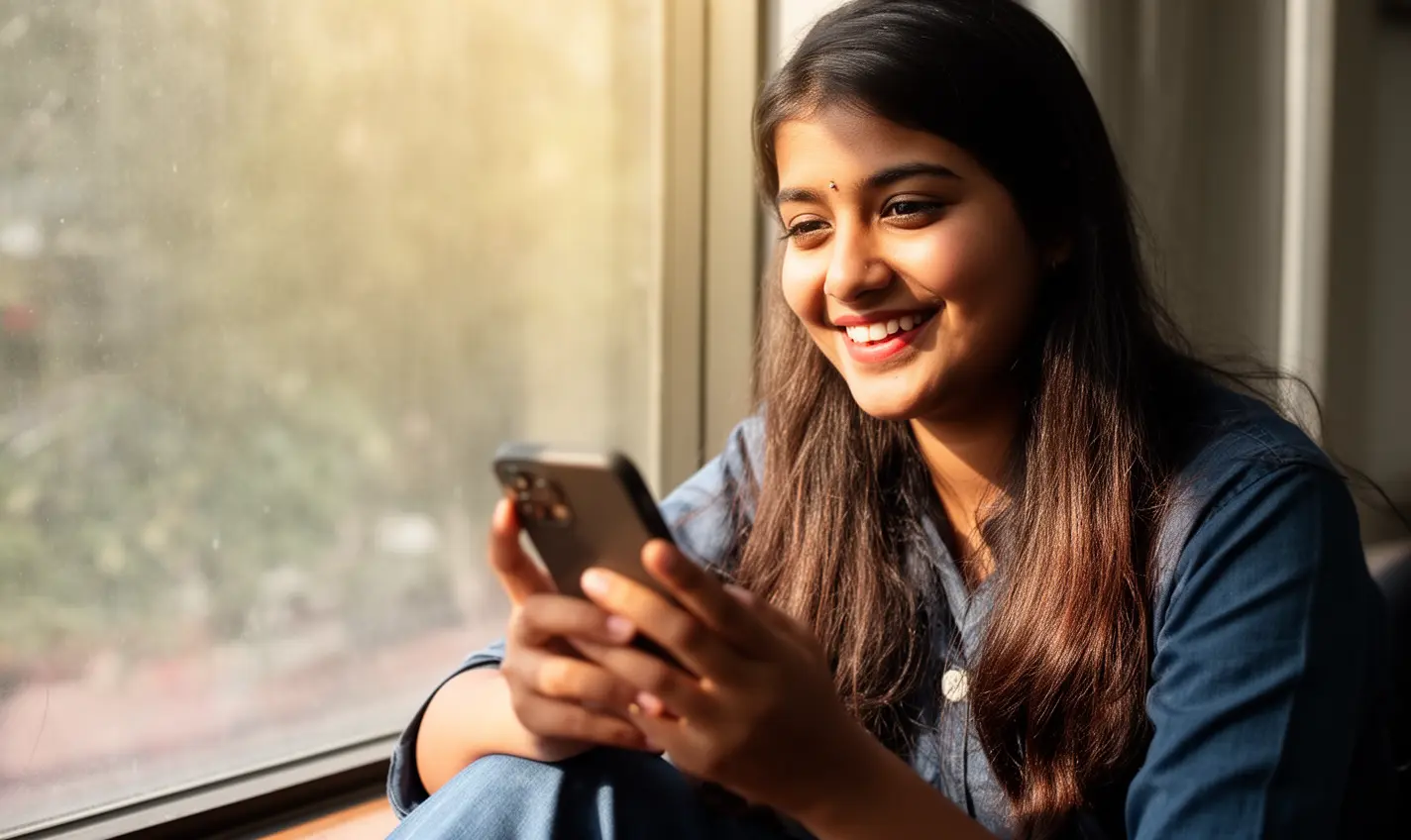 Smiling Bangladeshi woman using the 60BD casino app on her smartphone while relaxing by a bright window