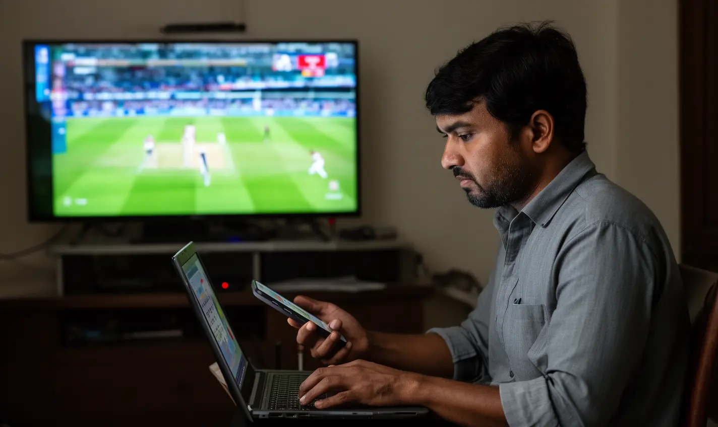 Focused Bangladeshi sports fan placing online bets on a laptop while watching live cricket highlights on TV using the 60BD platform
