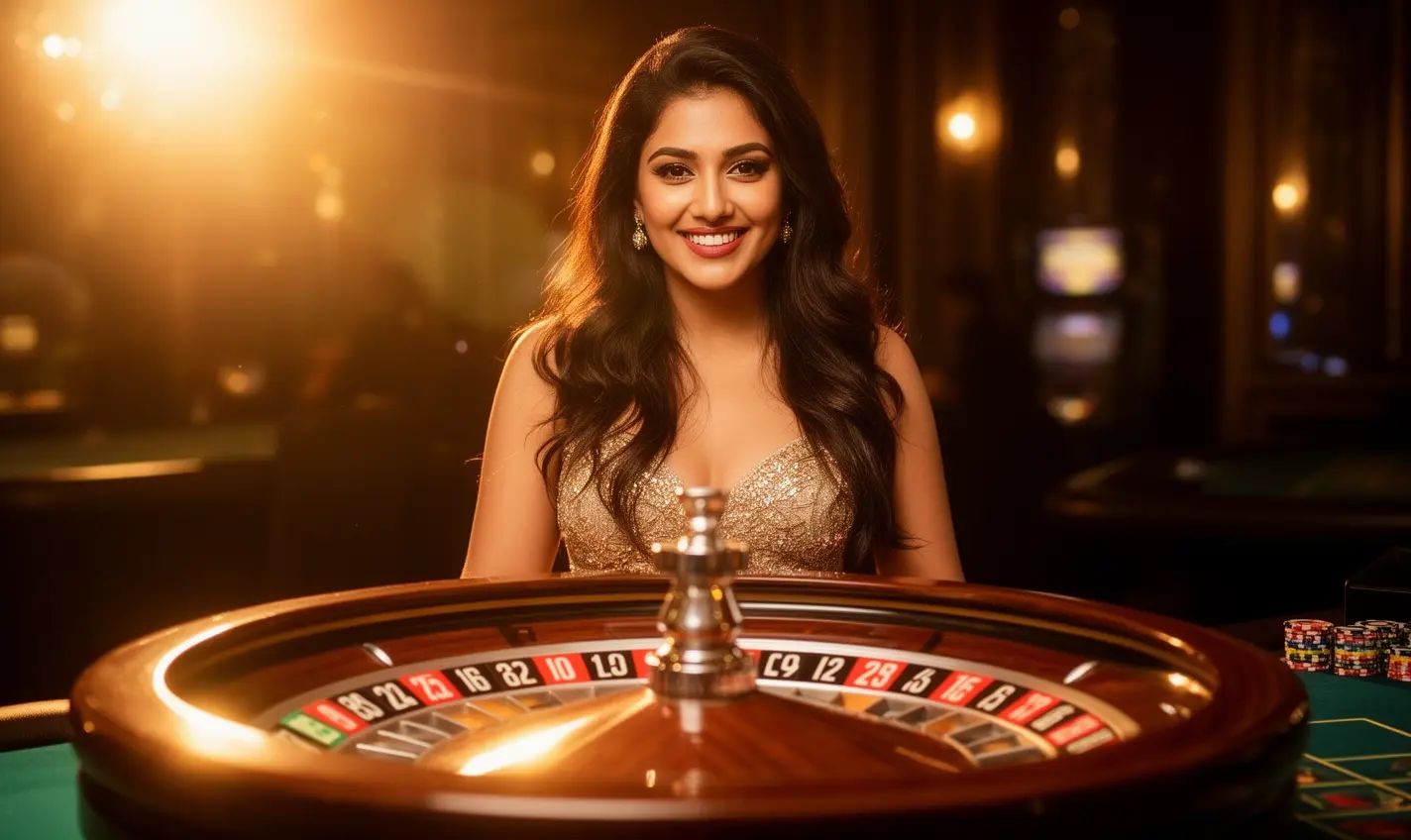 Friendly live casino dealer welcoming players to an exciting online casino experience at 60BD with bright roulette lights behind her