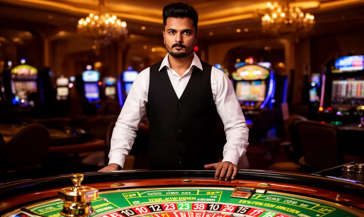 Confident casino dealer at a glowing roulette table with luxury chandeliers in the background representing high end live casino action at 60BD for Bangladesh
