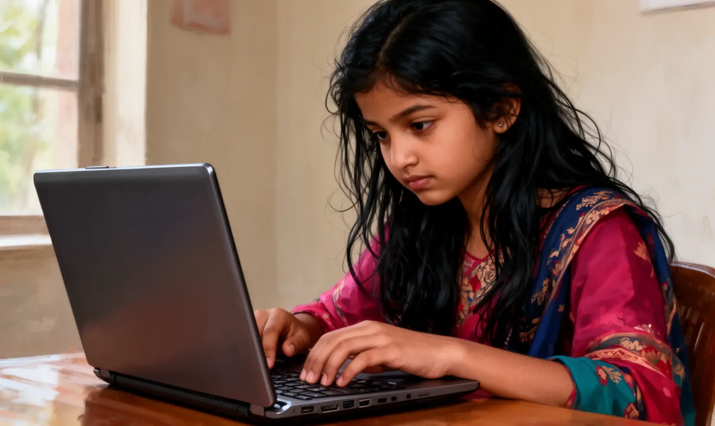 Young Bangladeshi woman playing immersive online casino games on a laptop with colorful graphics while using the 60BD gaming platform