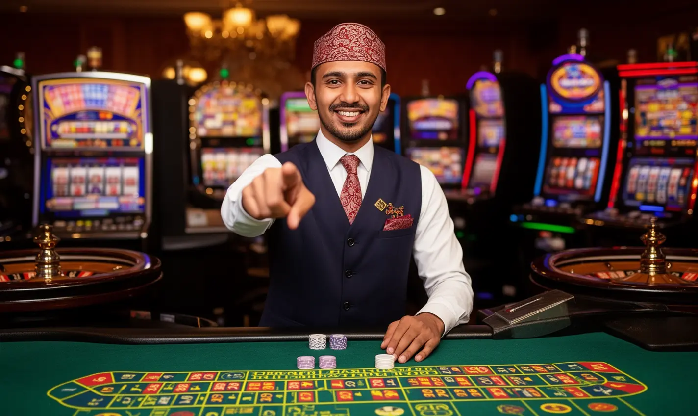 Friendly Bangladeshi casino dealer from 60BD pointing forward in a welcoming gesture with roulette wheels and slot machines behind him