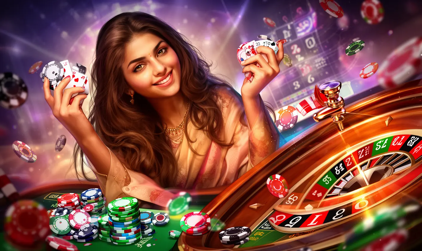 Elegant Bangladeshi casino hostess holding colorful gaming chips with a glowing roulette wheel behind her showcasing the premium 60BD casino atmosphere