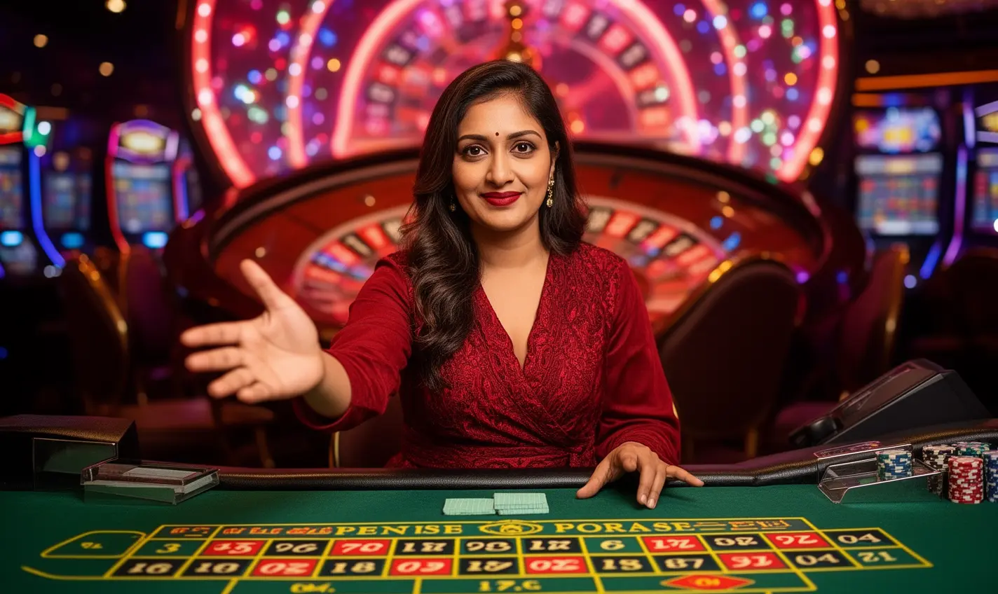 Elegant casino hostess in a red dress presenting live games with a glowing roulette wheel behind her at 60BD Casino Bangladesh