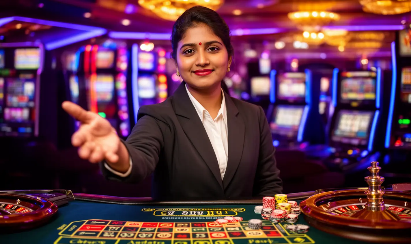 Elegant casino hostess inviting players to join live roulette action at 60BD with bright casino lights and a premium gaming atmosphere in Bangladesh
