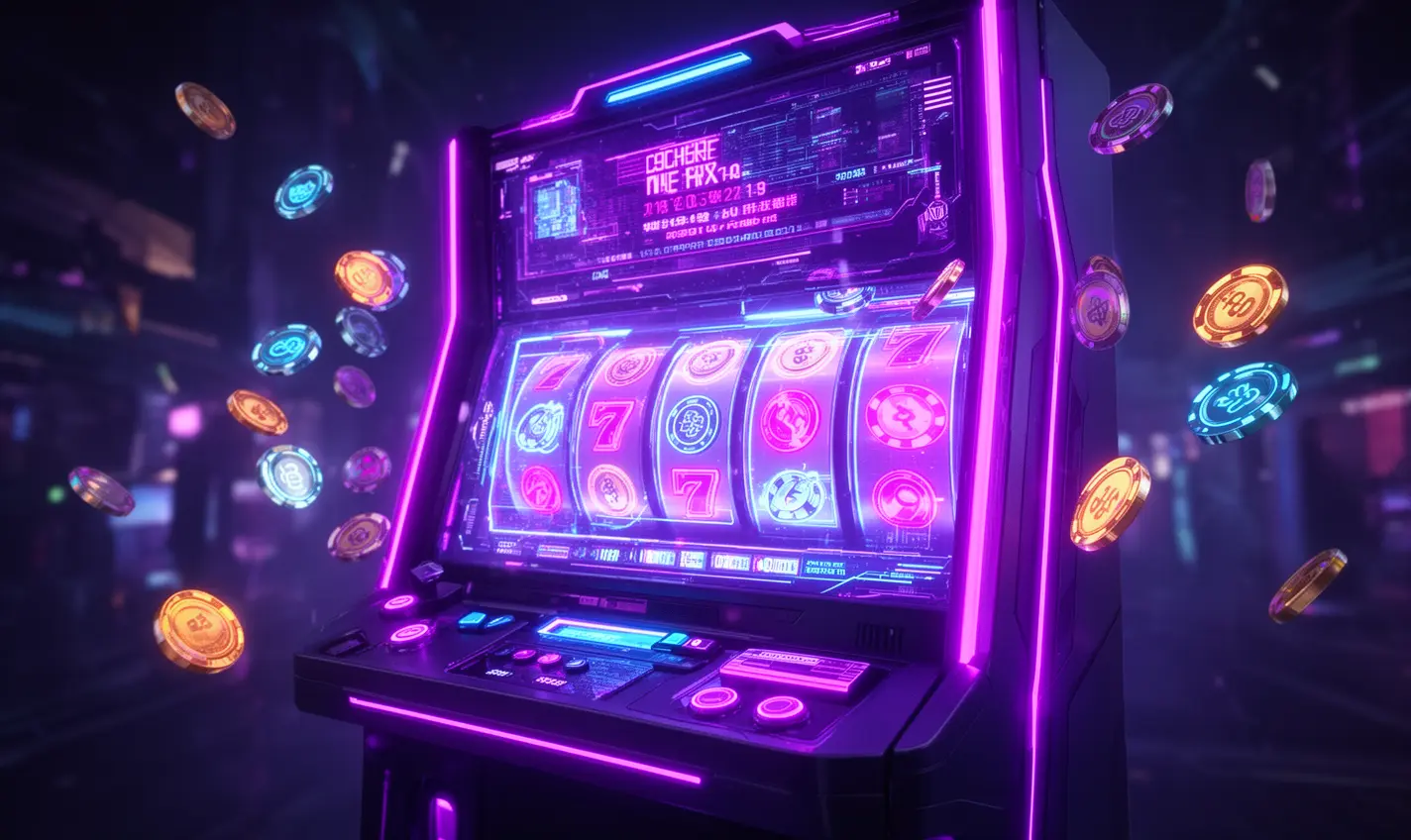 Futuristic slot machine with neon lights and flying coins creating a high energy casino atmosphere showcasing the premium slot experience at 60BD in Bangladesh